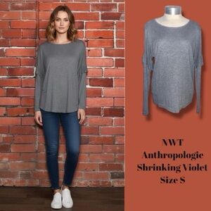 Anthropologie Shrinking Violet NWT Sweater Gray Pullover Ruffle Sleeve Scoop - S